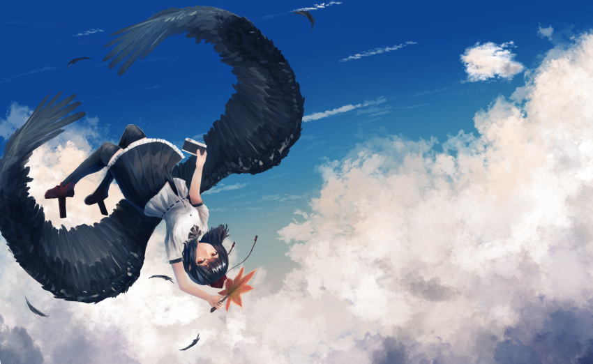 1girl above_clouds arm_above_head bird_wings black_feathers black_legwear black_neckwear black_skirt black_wings blue_sky breasts camera closed_mouth clouds cloudy_sky expressionless feathered_wings feathers flying frilled_skirt frills geta hand_fan hat highres holding holding_camera holding_fan kougekiryoku large_wings looking_at_viewer looking_to_the_side medium_breasts neck_ribbon outdoors pleated_skirt red_footwear red_headwear ribbon ribbon-trimmed_shirt shameimaru_aya shiny shiny_hair shirt short_sleeves skirt sky solo tengu-geta thigh-highs tokin_hat touhou upside-down white_shirt wind wings zettai_ryouiki