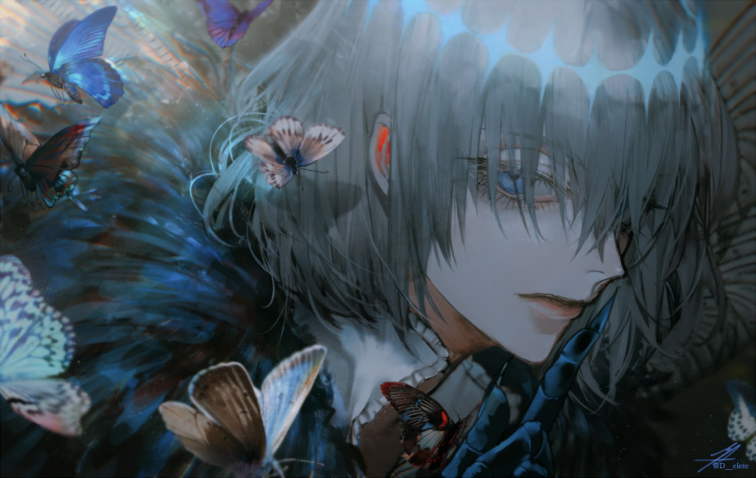 1boy au_(d_elite) bangs blue_eyes bug butterfly claws closed_mouth collared_shirt crown eyebrows_visible_through_hair eyelashes fate/grand_order fate_(series) grey_hair hair_between_eyes hand_up insect looking_at_viewer male_focus medium_hair oberon_(fate) portrait shirt solo spoilers twitter_username white_shirt