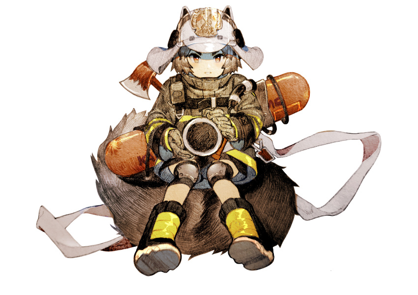 1girl absurdres aiming_at_viewer animal_ears_helmet arknights axe black_coat black_footwear black_gloves boots brown_eyes brown_hair chest_strap coat commentary firefighter full_body gloves highres knee_pads light_smile lizeyan_(cpj) looking_at_viewer parted_lips ribbon shaw_(arknights) shoe_soles short_hair simple_background solo squirrel_girl squirrel_tail tail tank_(container) white_background white_ribbon