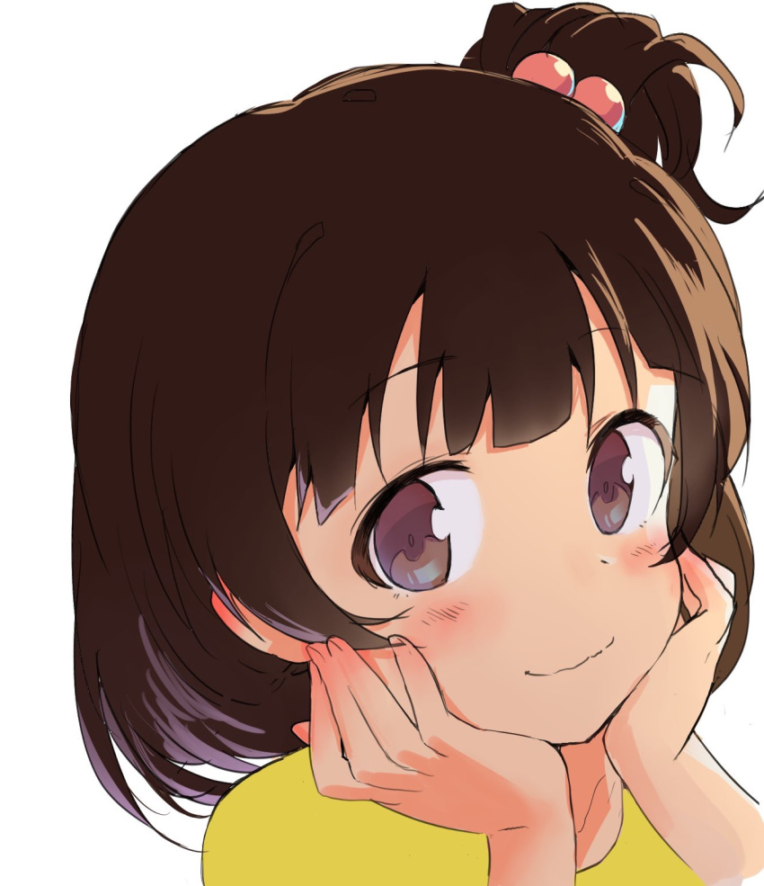 1girl black_hair close-up face hands_on_own_cheeks hands_on_own_face head_rest highres idolmaster idolmaster_million_live! looking_at_viewer nakatani_iku short_hair shuucream_(syuichi) simple_background smile solo white_background