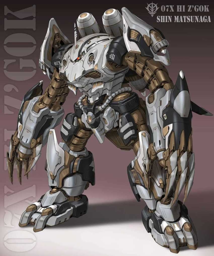 arm_cannon character_name gundam highres maeda_hiroyuki mecha mobile_suit mobile_suit_gundam no_humans one-eyed open_hand red_eyes redesign science_fiction solo weapon z'gok zeon
