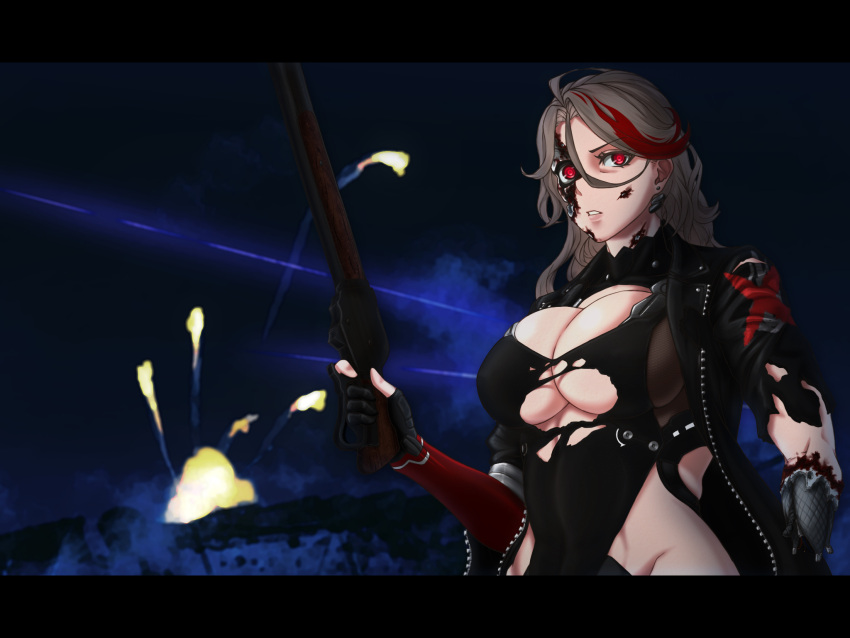 1girl android artificial_eye blonde_hair breasts damaged explosion girls_frontline gun highres holding holding_gun holding_weapon large_breasts lever_action m1887_(girls_frontline) mechanical_eye mechanical_parts multicolored_hair outdoors red_eyes redhead rob_110101101 shotgun solo streaked_hair terminator_(series) terminator_2:_judgment_day weapon winchester_model_1887