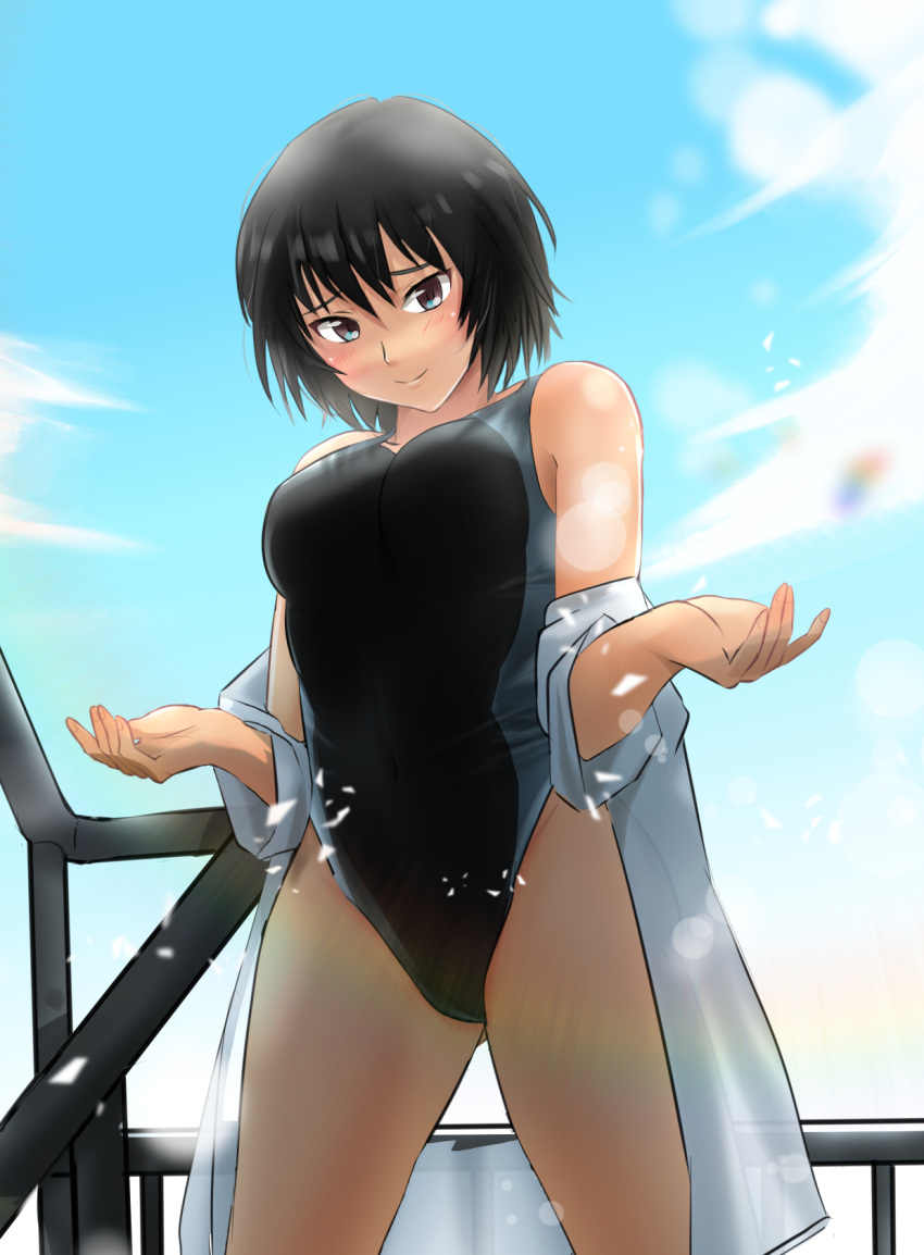 1girl amagami black_eyes black_hair black_swimsuit breasts closed_mouth clouds cloudy_sky competition_swimsuit highres light_rays looking_at_viewer medium_breasts nanasaki_ai one-piece_swimsuit open_clothes open_shirt outdoors short_hair sky smile solo swimsuit swimsuit_under_clothes undressing ykh1028