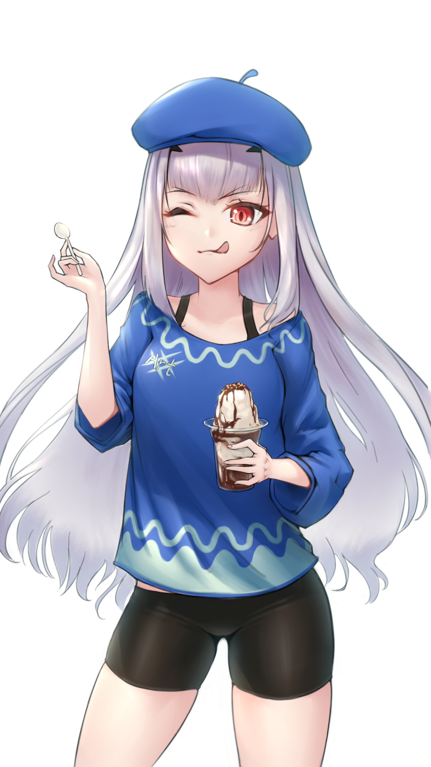 1girl absurdres alternate_costume fairy_knight_lancelot_(fate) fate/grand_order fate_(series) food hat highres ice_cream one_eye_closed shorts somebody_(leiking00) spoon tongue tongue_out white_background white_hair