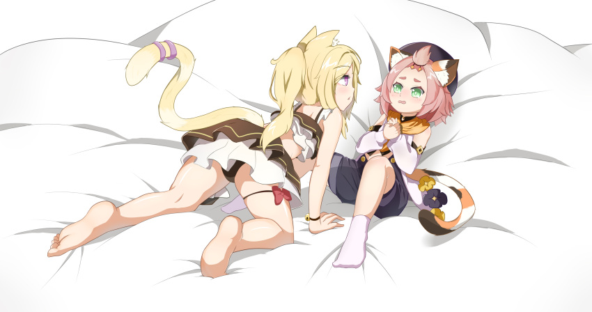 2girls absurdres all_fours animal_ears ass bangs bangs_pinned_back barefoot bed_sheet benghuai_xueyuan black_panties black_shorts blonde_hair blush cat_ears cat_girl cat_tail commentary_request company_connection crossover detached_sleeves diona_(genshin_impact) eyebrows_visible_through_hair eyes_visible_through_hair genshin_impact green_eyes hat highres honkai_(series) long_hair looking_at_another lying mihoyo_technology_(shanghai)_co._ltd. multiple_girls ninti_apocalypse panties parted_lips pink_hair puffy_shorts puffy_sleeves short_hair shorts side_ponytail sidelocks tail thick_eyebrows underwear violet_eyes xianyu_fanshen_qian