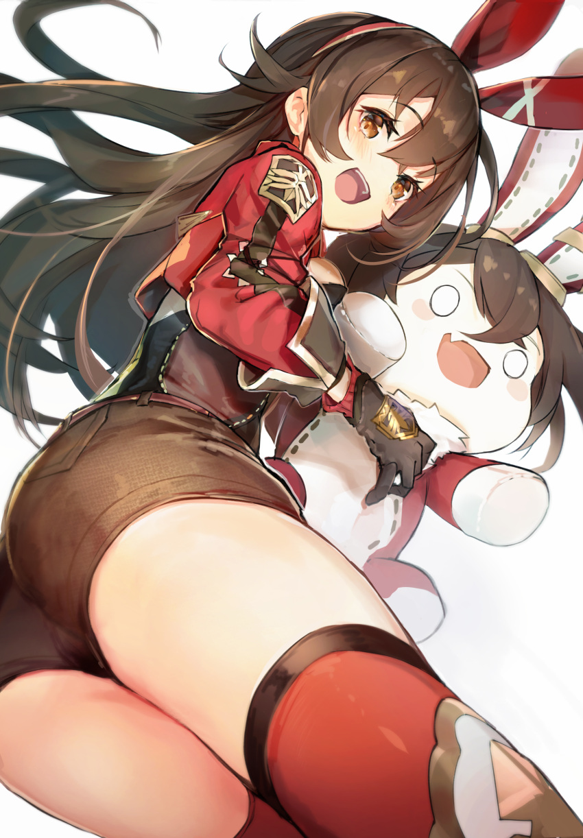 2girls :d amber_(genshin_impact) baron_bunny_(genshin_impact) breasts brown_gloves brown_hair brown_shorts cropped_jacket cruel_gz genshin_impact gloves goggles goggles_on_head hairband highres jacket long_sleeves looking_at_viewer multiple_girls open_mouth red_hairband red_jacket short_shorts shorts smile thick_thighs thigh-highs thighs yellow_eyes