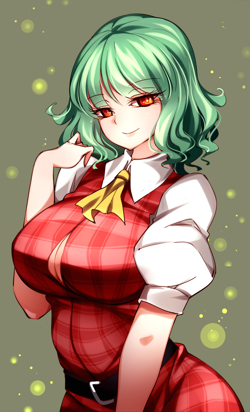 1girl absurdres ascot bangs belt black_belt breasts brown_background closed_mouth collar dress eyebrows_visible_through_hair green_hair hair_between_eyes hand_up highres kazami_yuuka large_breasts looking_at_viewer plaid plaid_dress puffy_short_sleeves puffy_sleeves raptor7 red_dress red_eyes shirt short_hair short_sleeves simple_background smile solo touhou white_shirt yellow_neckwear