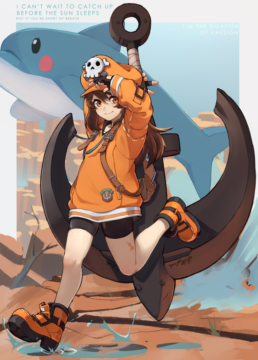 anchor dolphin guilty_gear guilty_gear_strive highres hood hoodie k-rha's may_(guilty_gear) orange_footwear orange_headwear orange_hoodie orange_shirt running shirt skull_and_crossbones