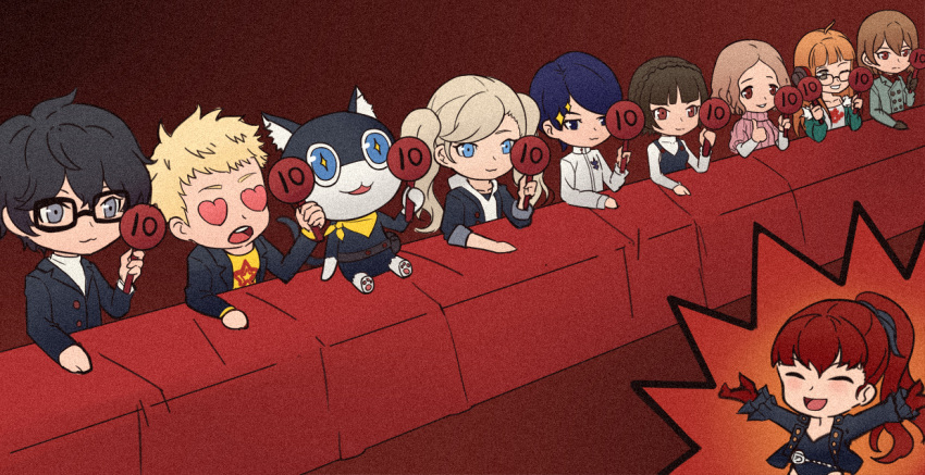 +_+ 5boys 5girls akechi_gorou amamiya_ren black_cat black_hair blonde_hair blue_eyes brown_eyes brown_hair cat chibi glasses heart heart_eyes jolker kitagawa_yuusuke long_hair morgana_(persona_5) multiple_boys multiple_girls niijima_makoto okumura_haru orange_hair persona persona_5 persona_5_the_royal ponytail redhead sakamoto_ryuuji sakura_futaba short_hair smile takamaki_anne thumbs_up twintails yoshizawa_kasumi