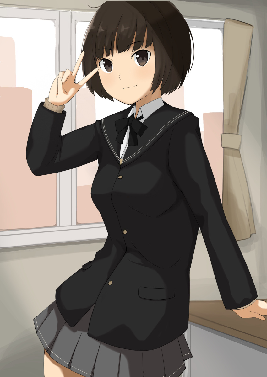 1girl absurdres amagami arm_support bad_proportions bangs black_jacket black_neckwear blazer blunt_bangs bob_cut bow bowtie breasts brown_eyes brown_hair brown_sweater classroom commentary cowboy_shot curtains desk dress_shirt expressionless grey_skirt hair_strand highres jacket kibito_high_school_uniform long_sleeves looking_at_viewer medium_breasts messy_hair pleated_skirt ribbed_sweater school_uniform shirt short_hair skirt solo standing sweater tachibana_miya v white_shirt window yoshimaru_(shun2987)