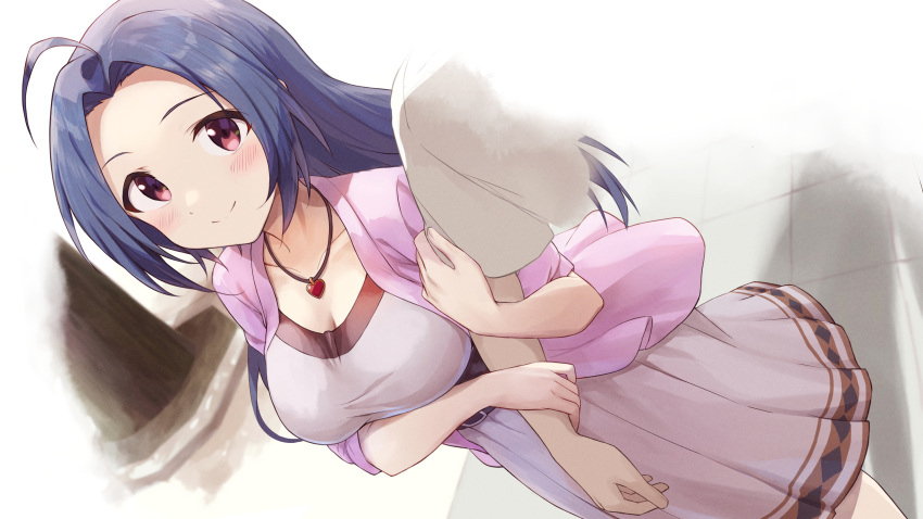 1boy 1girl absurdres ahoge arm_hug blue_hair blush breasts collarbone dating highres idolmaster idolmaster_(classic) idolmaster_million_live! jewelry large_breasts long_hair looking_at_viewer miura_azusa necklace open_clothes open_shirt outdoors pink_shirt producer_(idolmaster) shirt shuucream_(syuichi) smile solo_focus
