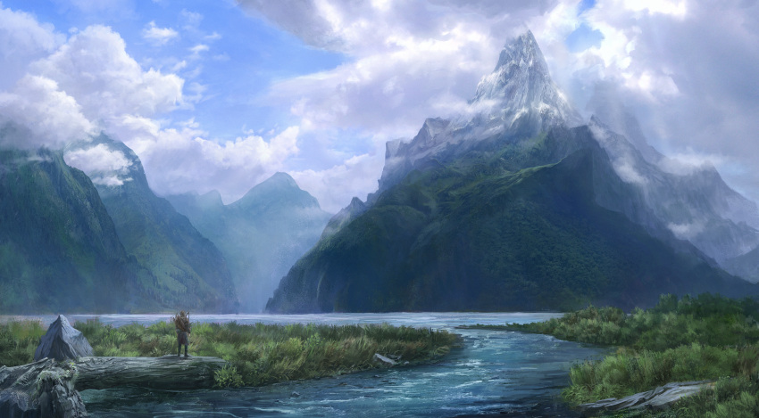 1boy absurdres anoc clouds day fantasy fog grass highres horizon lake log mountain original river rock scenery sky tree water water_surface