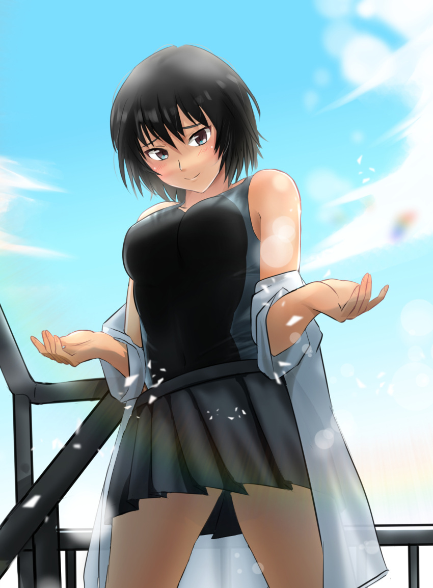 1girl amagami black_eyes black_hair black_swimsuit breasts closed_mouth clouds cloudy_sky competition_swimsuit highres light_rays looking_at_viewer medium_breasts nanasaki_ai one-piece_swimsuit open_clothes open_shirt outdoors short_hair skirt sky smile solo swimsuit swimsuit_under_clothes undressing ykh1028