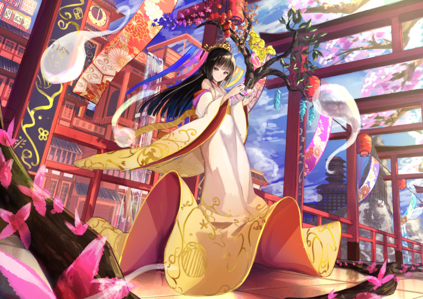 1girl bangs bare_shoulders black_hair breasts cherry_blossoms eyebrows_visible_through_hair hair_ornament japanese_clothes long_hair looking_at_viewer original rei_(farta_litia) small_breasts solo wide_sleeves