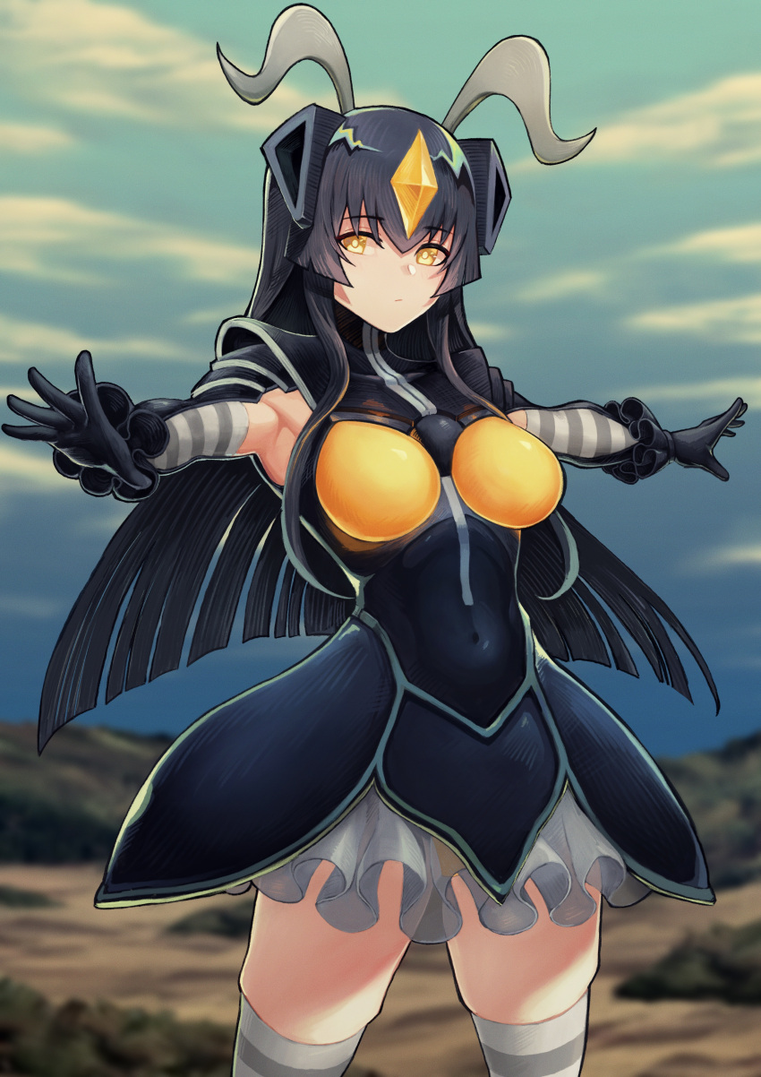 1girl absurdres armpits astrolotus bangs black_dress black_gloves black_hair breasts commentary dress elbow_gloves eyebrows_visible_through_hair frilled_dress frills gloves highres horns large_breasts looking_at_viewer outstretched_arms personification sidelocks solo striped striped_gloves thigh-highs ultra_kaijuu_gijinka_keikaku ultra_series yellow_eyes zetton
