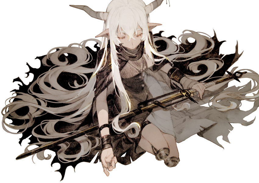 1girl absurdres arknights bandaged_hands bandages black_cloak black_dress black_ribbon cloak closed_eyes closed_mouth commentary dress highres holding holding_sword holding_weapon horns knee_pads lizeyan_(cpj) long_hair pointy_ears ribbon seiza shining_(arknights) simple_background sitting solo sword very_long_hair weapon white_background white_hair white_horns