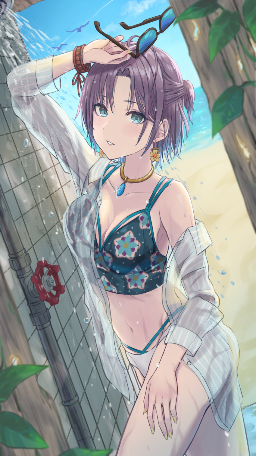 1girl ahoge asakura_tooru bikini bird blue_eyes blue_hair breasts brown_hair earrings eno_(joqeve) eyebrows_visible_through_hair eyewear_removed gradient_hair highres holding holding_eyewear idolmaster idolmaster_shiny_colors jewelry multicolored_hair navel necklace open_clothes open_shirt parted_lips seagull short_hair shower_(place) shower_head showering small_breasts solo sunglasses swimsuit swimsuit_under_clothes tied_hair
