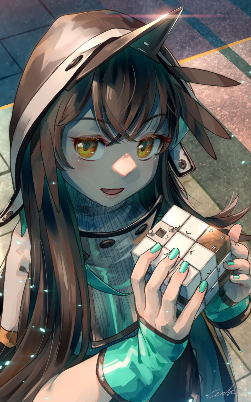 1girl absurdres aqua_nails arknights artist_name brown_hair feather_hair fingerless_gloves gloves highres holding hood kafka_(arknights) long_hair looking_at_viewer rubik's_cube smile solo welt_(kinsei_koutenkyoku) yellow_eyes