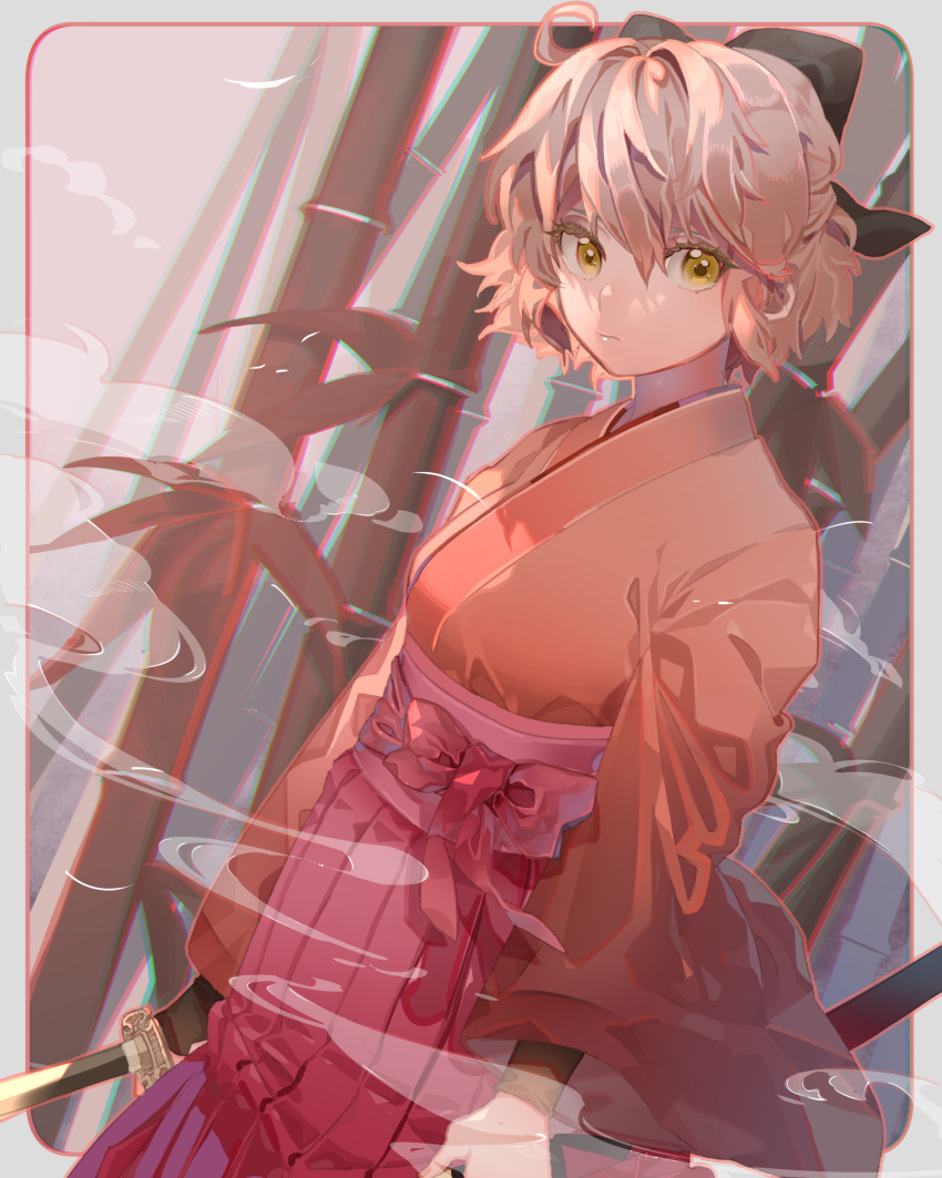 1girl absurdres bamboo black_bow blonde_hair border bow chromatic_aberration closed_mouth commentary_request dutch_angle expressionless fate/grand_order fate_(series) grey_background grey_border hair_bow high-waist_skirt highres holding holding_sword holding_weapon japanese_clothes kimono looking_at_viewer okita_souji_(fate) okita_souji_(fate)_(all) orange_kimono pink_skirt short_hair skirt smoke solo sword usagi_uma_te_mu weapon yellow_eyes