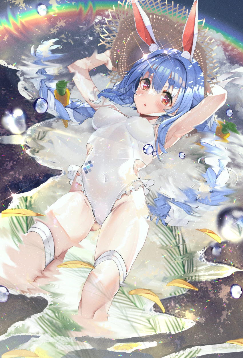 1girl absurdres animal_ear_fluff animal_ears armpits arms_up ass_visible_through_thighs bangs blue_hair blush braid breasts brown_headwear carrot_hair_ornament casual_one-piece_swimsuit covered_navel eyebrows_visible_through_hair food-themed_hair_ornament frilled_swimsuit frills hair_ornament hands_on_headwear haruhina_purple hat highres hololive looking_at_viewer medium_breasts multicolored_hair one-piece_swimsuit parted_lips petals puddle rabbit_ears rainbow red_eyes reflection skindentation solo standing straw_hat swimsuit thigh_strap thiro twin_braids two-tone_hair usada_pekora virtual_youtuber water white_hair