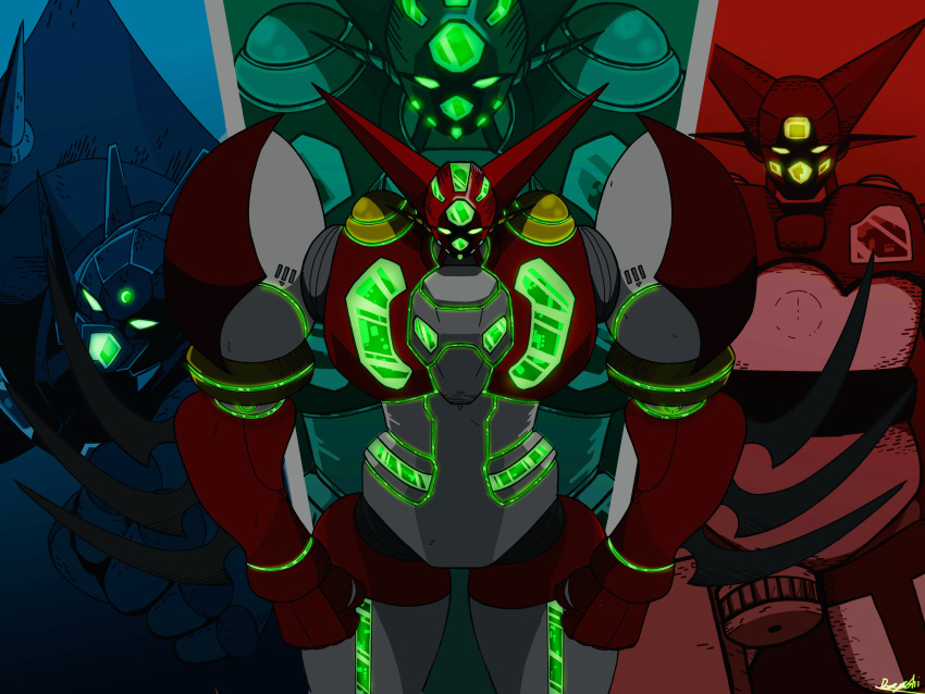 absurdres demeyoshi getter-1 getter_dragon getter_robo getter_robo_(1st_series) getter_robo_g glowing highres horns mecha no_humans shin_getter-1 shin_getter_robo signature spikes zoom_layer