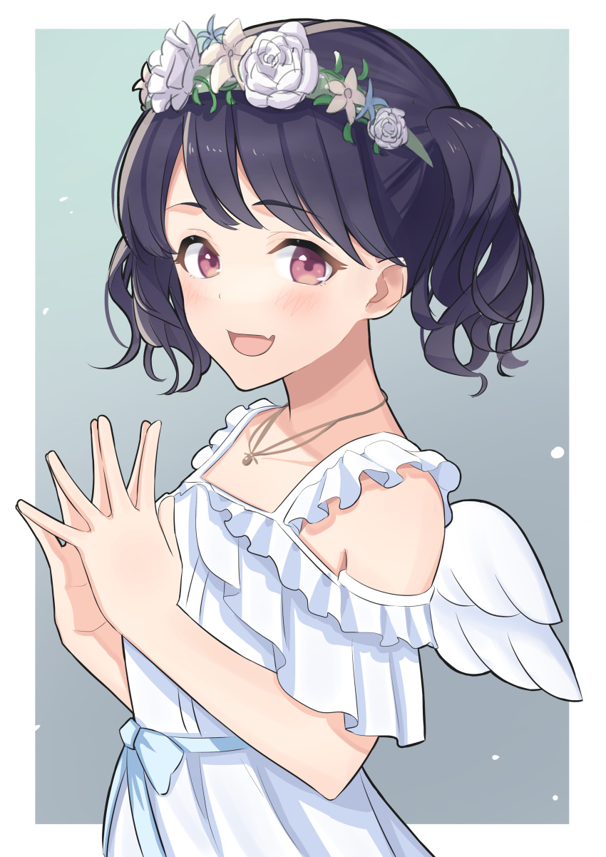 1girl absurdres angel_wings black_hair dress fangs flower flower_wreath fukumaru_koito hair_flower hair_ornament head_wreath highres idolmaster idolmaster_shiny_colors jewelry long_hair looking_at_viewer necklace open_mouth rihiro_153 skin_fangs smile solo twintails upper_body violet_eyes white_dress wings