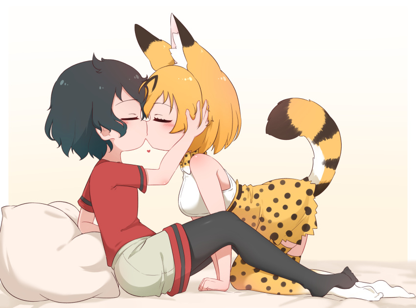 2girls all_fours animal_ears arm_support bangs black_hair black_legwear blonde_hair bow bowtie chis_(js60216) closed_eyes commentary couple from_side grey_shorts hand_on_another's_head heart high-waist_skirt highres kaban_(kemono_friends) kemono_friends kiss kneeling leaning_back leaning_forward legwear_under_shorts miniskirt multiple_girls no_gloves no_shoes on_bed pantyhose pillow print_legwear print_neckwear print_skirt red_shirt serval_(kemono_friends) serval_print shirt short_hair short_sleeves shorts sitting skirt sleeveless sleeveless_shirt tail thigh-highs white_shirt yellow_legwear yellow_neckwear yellow_skirt yuri