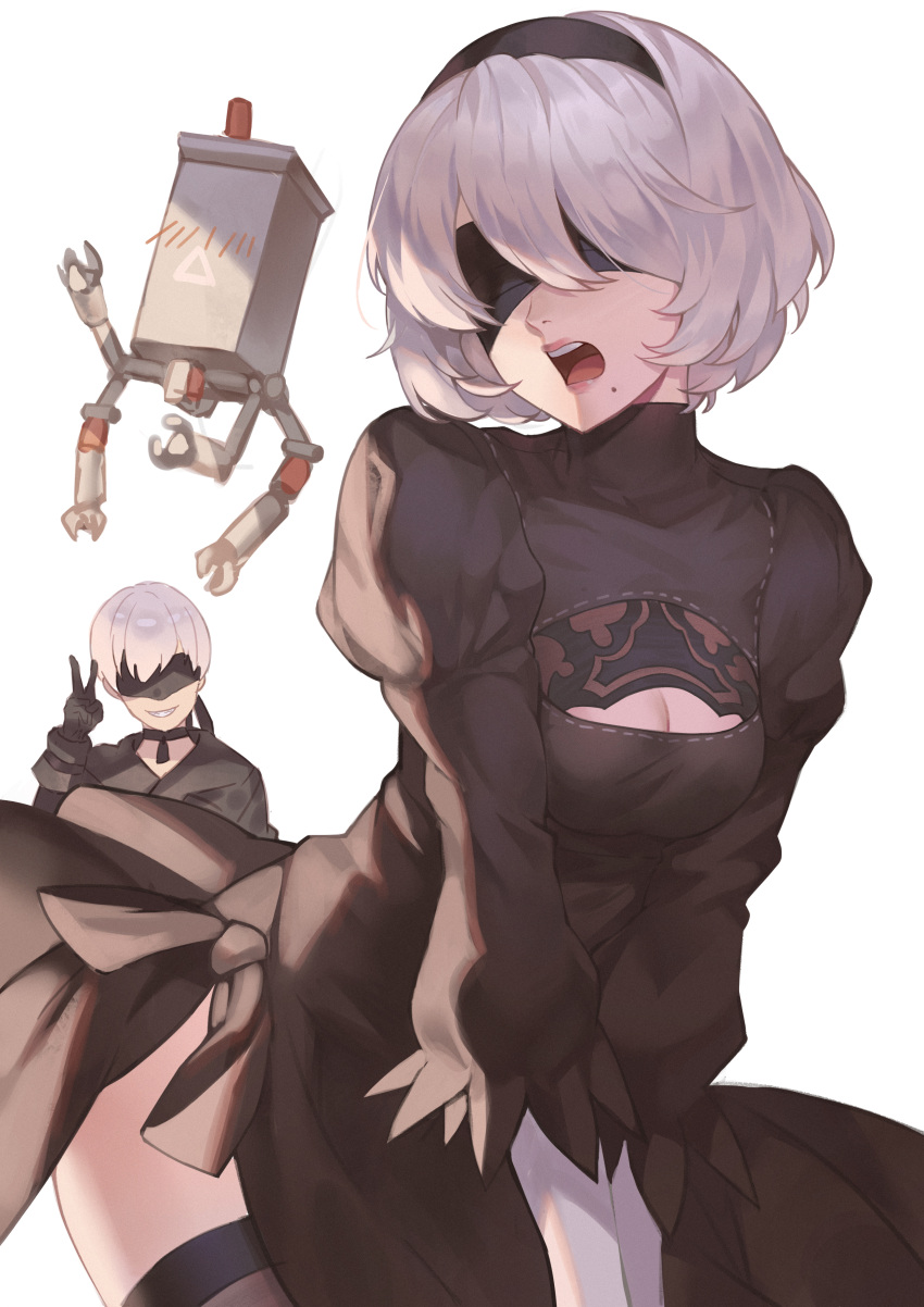 1boy 1girl absurdres black_blindfold black_dress black_hairband black_legwear blindfold blush cleavage_cutout clothing_cutout covered_eyes dress embarrassed feather-trimmed_sleeves hairband highres jolker juliet_sleeves long_sleeves mole mole_under_mouth nier_(series) nier_automata pod_(nier_automata) puffy_sleeves short_hair silver_hair simple_background smile thigh-highs v white_background yorha_no._2_type_b yorha_no._9_type_s