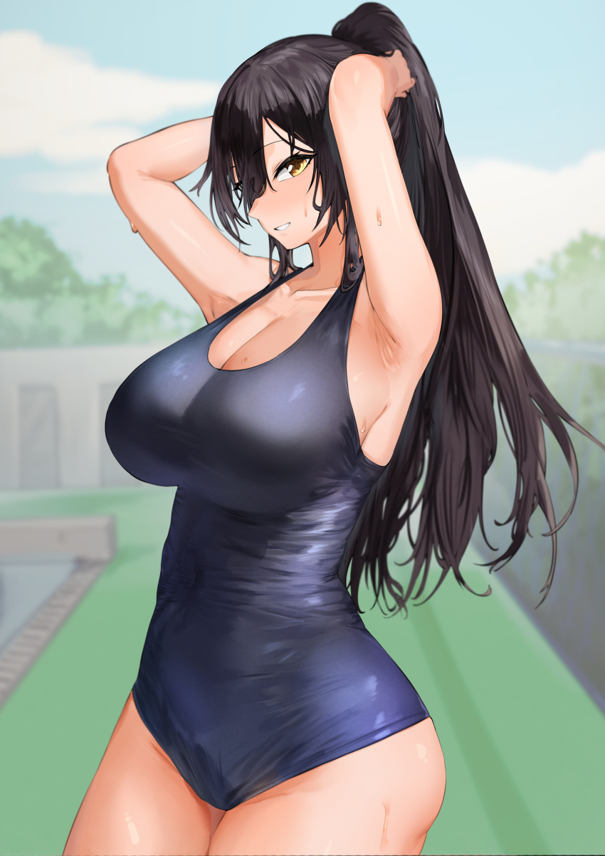 1girl absurdres adjusting_hair armpits arms_behind_head arms_up bare_shoulders black_hair blurry blush breasts cowboy_shot depth_of_field hair_between_eyes highres idolmaster idolmaster_shiny_colors large_breasts long_hair looking_at_viewer mikohachi old_school_swimsuit one-piece_swimsuit ponytail school_swimsuit shirase_sakuya smile solo swimsuit yellow_eyes