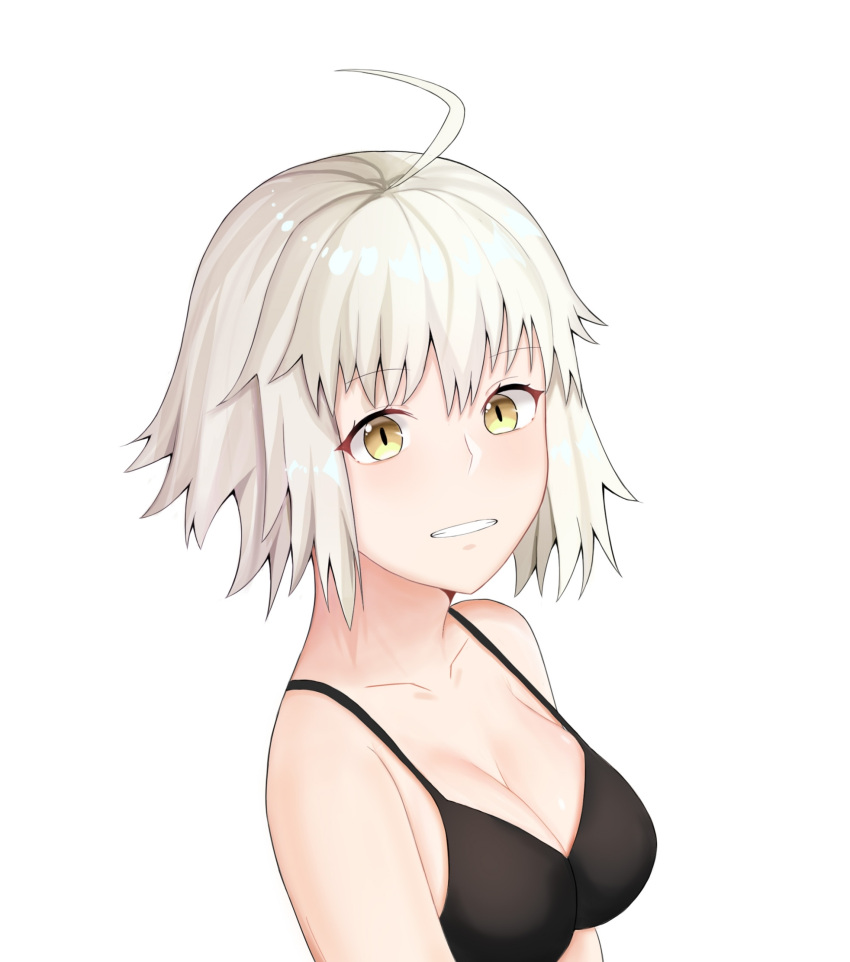 1girl ahoge bangs breasts collarbone eyebrows_behind_hair eyebrows_visible_through_hair fate/grand_order fate_(series) hair_between_eyes highres jeanne_d'arc_(alter)_(fate) jeanne_d'arc_(fate)_(all) lizhiyu looking_at_viewer silver_hair simple_background smile solo underwear upper_body white_background yellow_eyes