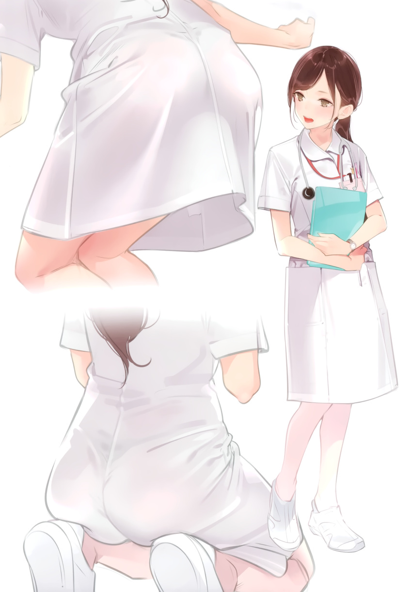 1girl absurdres ama_mitsuki ass bare_legs breast_pocket brown_hair clipboard full_body highres holding holding_clipboard kneeling long_hair looking_to_the_side lower_body medical_scrubs multiple_views non-web_source nurse open_clothes original pocket ponytail scan shoes short_sleeves solo stethoscope watch watch white_background white_footwear yellow_eyes