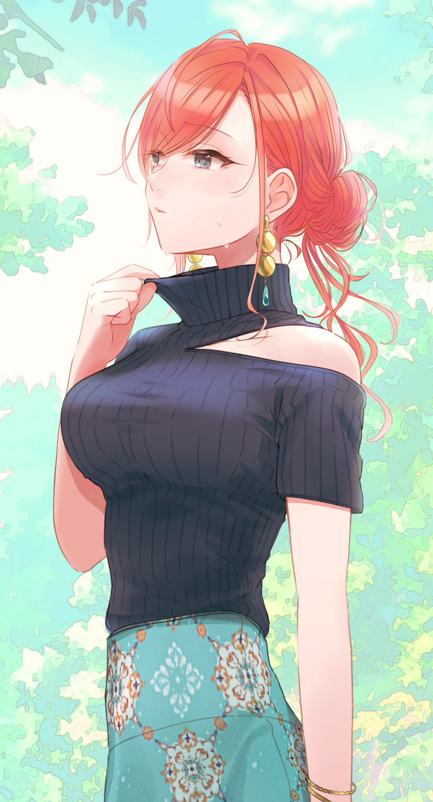1girl absurdres adjusting_clothes arisugawa_natsuha bangs black_eyes breasts cowboy_shot earrings eyebrows_visible_through_hair from_side highres idolmaster idolmaster_shiny_colors jewelry large_breasts long_hair migechi outdoors redhead short_sleeves skirt solo sweater swept_bangs tied_hair tree turtleneck turtleneck_sweater