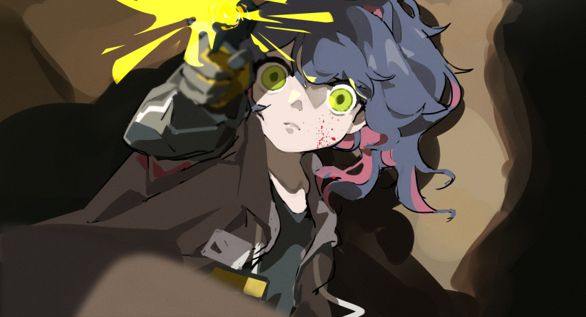 1girl aiming_at_viewer arknights black_gloves black_jacket black_shirt blood blood_on_face blue_hair blurry blurry_foreground brown_background closed_mouth commentary_request expressionless firing_at_viewer gloves green_eyes highres jacket jessica_(arknights) long_hair long_sleeves looking_at_viewer multicolored_hair ponytail redhead shinnasuka025 shirt solo two-tone_hair upper_body