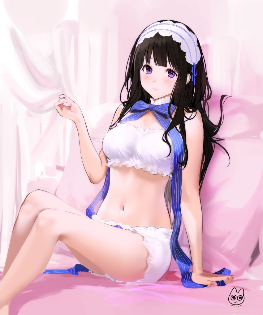 1girl bandeau bare_shoulders black_hair blue_ribbon bow bowtie breasts chitanda_eru feet_out_of_frame frills hand_up headdress highres hyouka long_hair looking_at_viewer medium_breasts mery_(yangmalgage) midriff navel ribbon sitting solo stomach strapless thighs tubetop violet_eyes white_bloomers