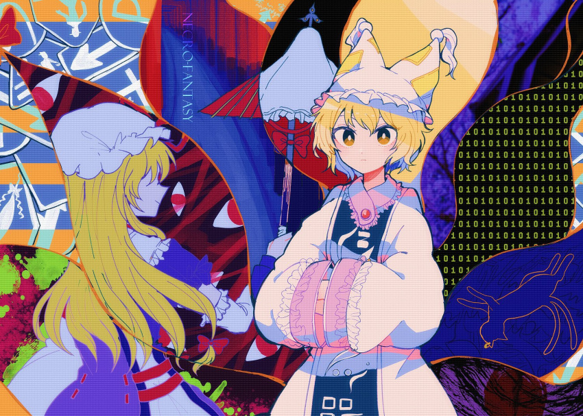 2girls animal animal_ears bangs blonde_hair blue_vest bow buttons cat chen chen_(cat) closed_mouth dress earrings eyebrows_visible_through_hair fox_ears fox_tail gap_(touhou) gloves hair_between_eyes hair_bow hand_up hands_together hands_up hat itomugi-kun jewelry long_hair long_sleeves looking_at_viewer mob_cap multicolored multicolored_background multiple_girls multiple_tails number puffy_short_sleeves puffy_sleeves purple_dress purple_sleeves purple_vest red_bow red_eyes short_hair short_sleeves single_earring smile tabard tail touhou two_tails vest white_dress white_gloves white_headwear white_sleeves wide_sleeves yakumo_ran yakumo_yukari yellow_eyes