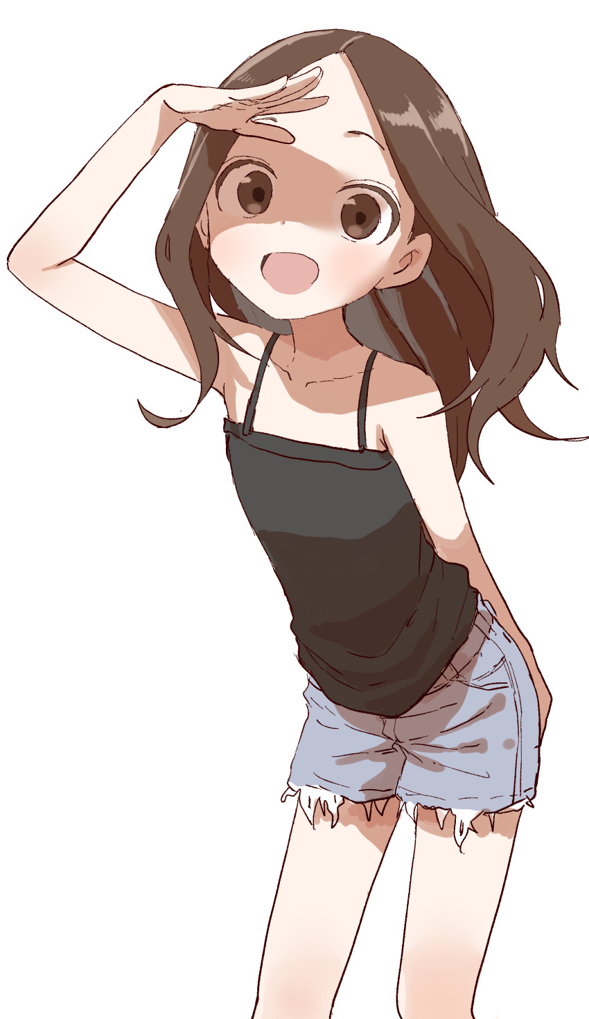 1girl :d absurdres arm_up bangs bare_arms bare_shoulders black_camisole blue_shorts blush brown_eyes brown_hair camisole collarbone commentary_request feet_out_of_frame highres karakai_jouzu_no_takagi-san leaning_forward long_hair looking_at_viewer official_art open_mouth parted_bangs shading_eyes short_shorts shorts simple_background smile solo standing takagi-san white_background yamamoto_souichirou