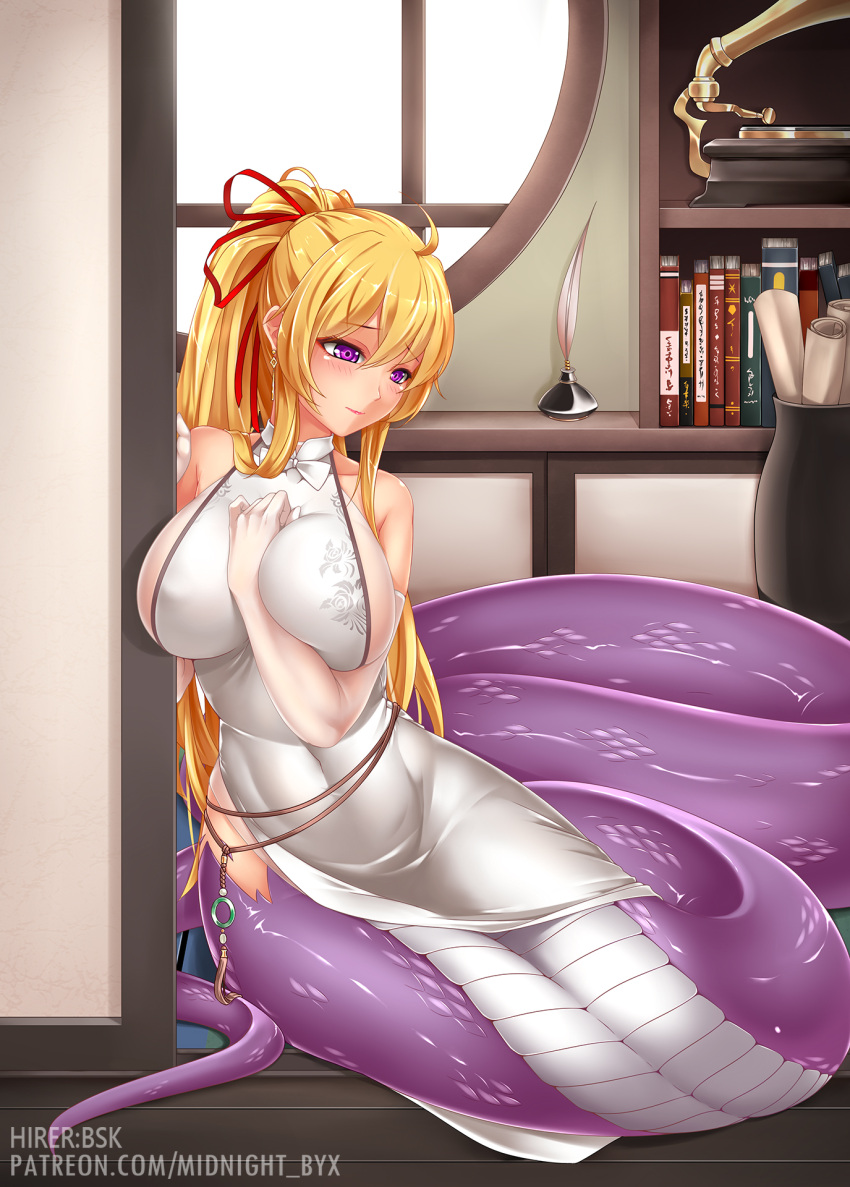 blonde_hair book bookshelf china_dress chinese_clothes dress elbow_gloves gloves highres ink ink_bottle inkwell lamia long_hair midnight_(banyex) monster_girl monsterification pelvic_curtain phonograph ponytail quill record red_ribbon ribbon scroll side_slit touhou violet_eyes white_dress yakumo_yukari
