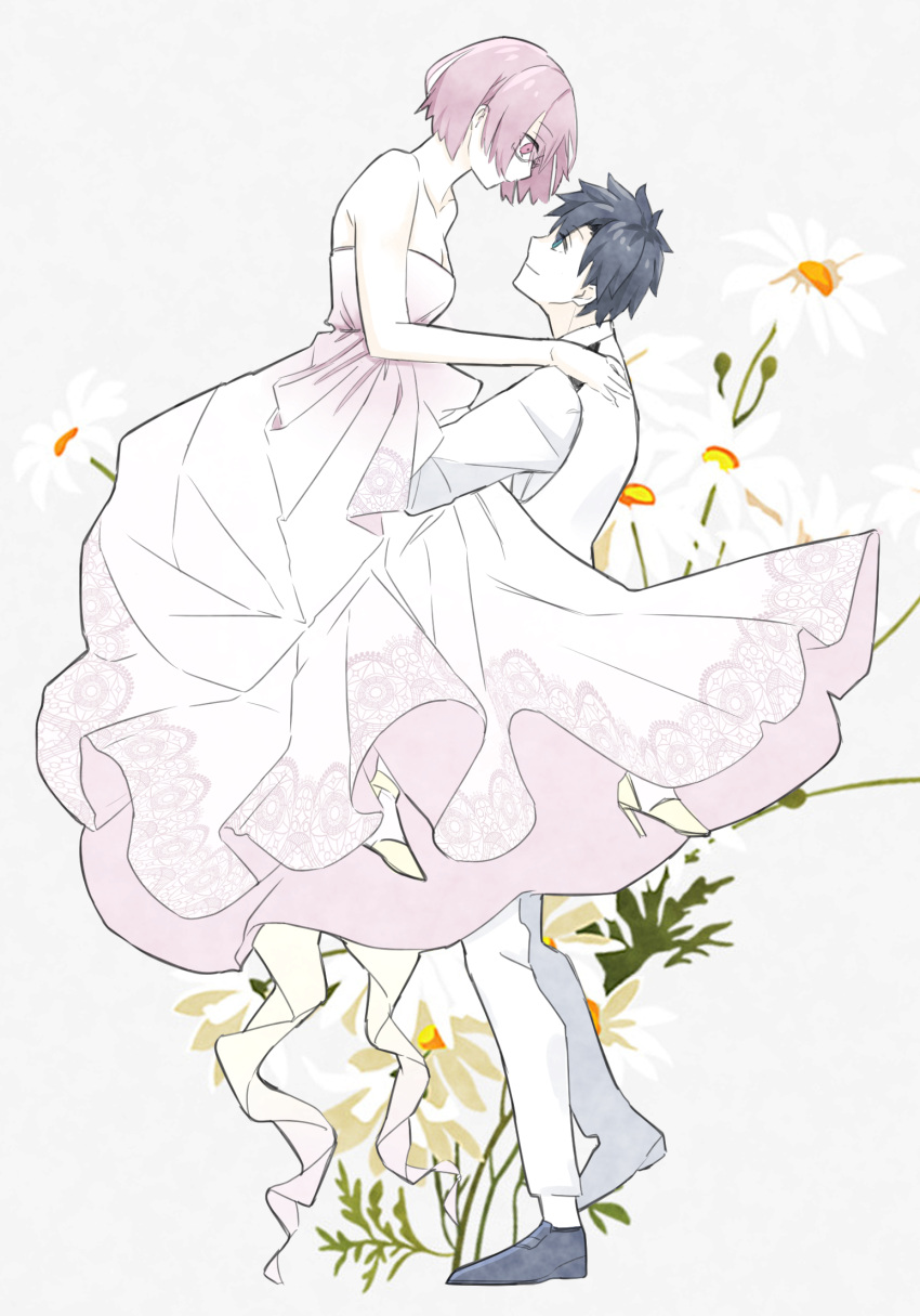 1boy 1girl alternate_costume artist_request bare_shoulders black_hair blue_eyes carrying carrying_person closed_mouth collarbone commentary_request dress eyebrows_visible_through_hair eyes_visible_through_hair fate/grand_order fate_(series) floral_background flower formal from_side fujimaru_ritsuka_(male) glasses hand_on_another's_shoulder high_heels highres light_purple_eyes light_purple_hair long_dress long_sleeves looking_at_another mash_kyrielight pants pink_dress pointy_hair princess_carry short_hair sleeveless sleeveless_dress smile strapless strapless_dress suit white_flower white_pants white_suit