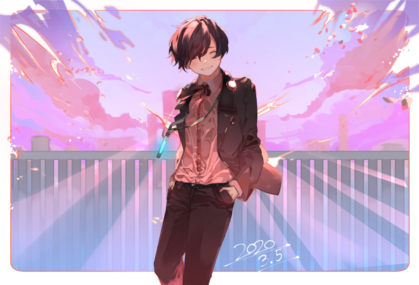1boy black_hair black_jacket black_neckwear black_pants bow bowtie building closed_eyes clouds collared_shirt commentary dated feet_out_of_frame glowstick hands_in_pockets highres jacket long_sleeves male_focus open_clothes open_jacket outdoors pants parted_lips persona pink_sweater purple_sky railing shirt shirt_tucked_in short_hair skyline smile solo stethoscope sweater usagi_uma_te_mu yuuki_makoto