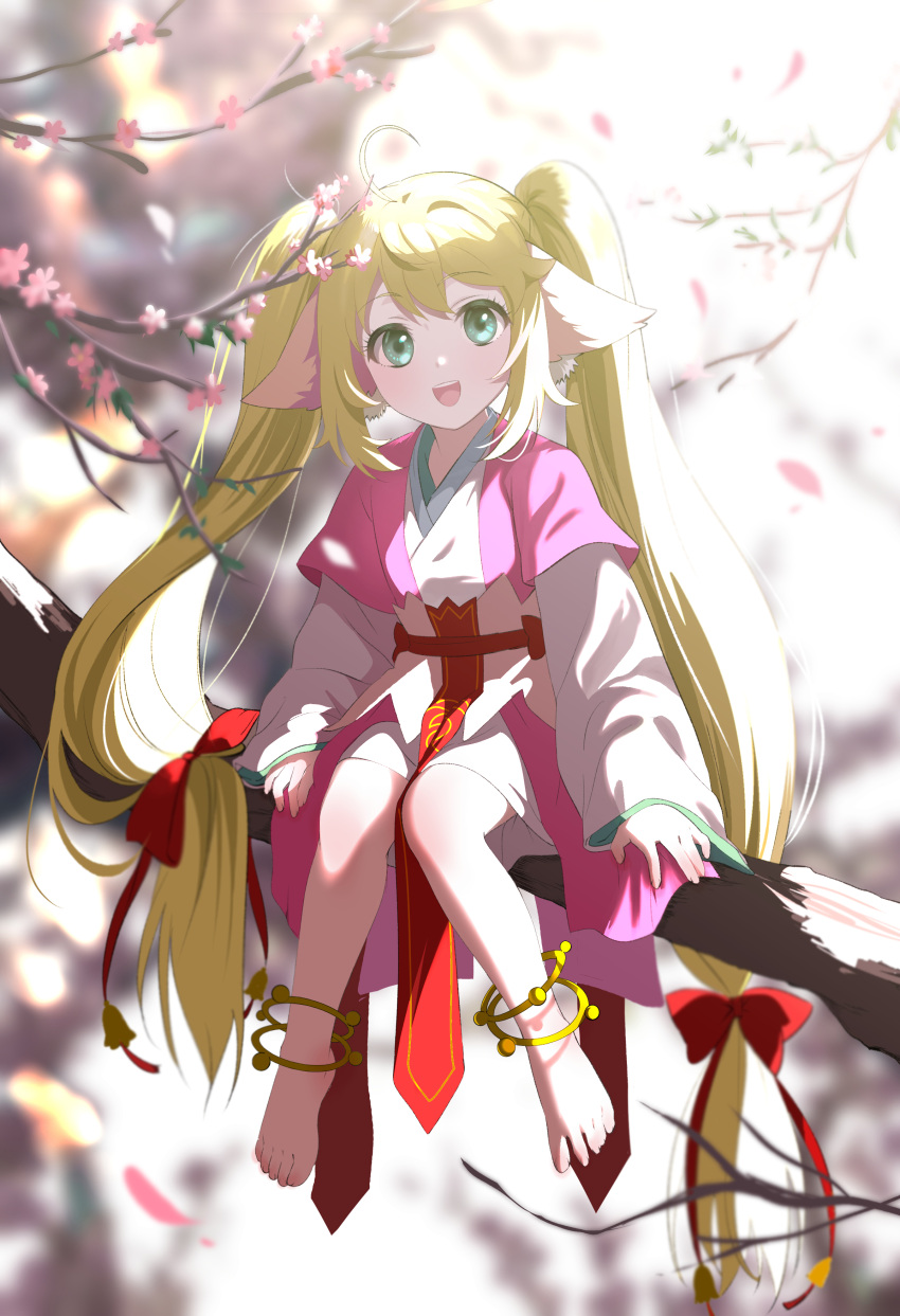 1girl :d absurdres animal_ears anklet barefoot blurry blurry_background cherry_blossoms depth_of_field flower full_body gou_d green_eyes highres huyao_xiao_hongniang in_tree jewelry knees_together_feet_apart long_hair long_sleeves looking_at_viewer open_mouth pelvic_curtain pink_flower sitting smile solo tree tushan_susu twintails very_long_hair