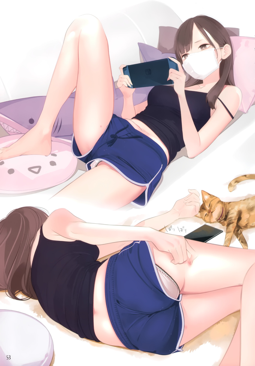 1girl absurdres ama_mitsuki ass bare_legs bare_shoulders barefoot brown_eyes brown_hair bug_bite cat cellphone couch dolphin_shorts handheld_game_console highres holding holding_handheld_game_console indoors long_hair lying mask mouth_mask multiple_views navel nintendo_switch non-web_source on_side original page_number panties pantyshot phone playing_games satin satin_panties scan scratching shorts spread_legs strap_slip stuffed_animal stuffed_shark stuffed_toy surgical_mask tank_top underwear upshorts white_panties