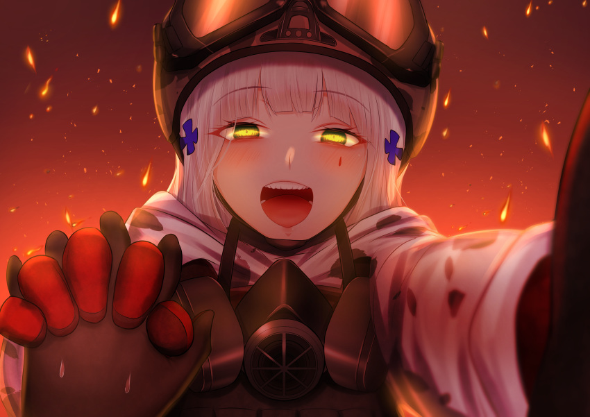 1girl absurdres bangs blunt_bangs blush coat eyebrows_visible_through_hair facial_mark fire gas_mask girls_frontline gloves goggles goggles_on_headwear green_eyes guchagucha helmet highres hk416_(fang)_(girls_frontline) hk416_(girls_frontline) holding_hands mask mask_around_neck pov red_gloves silver_hair solo tom_clancy's_the_division upper_teeth white_coat yandere