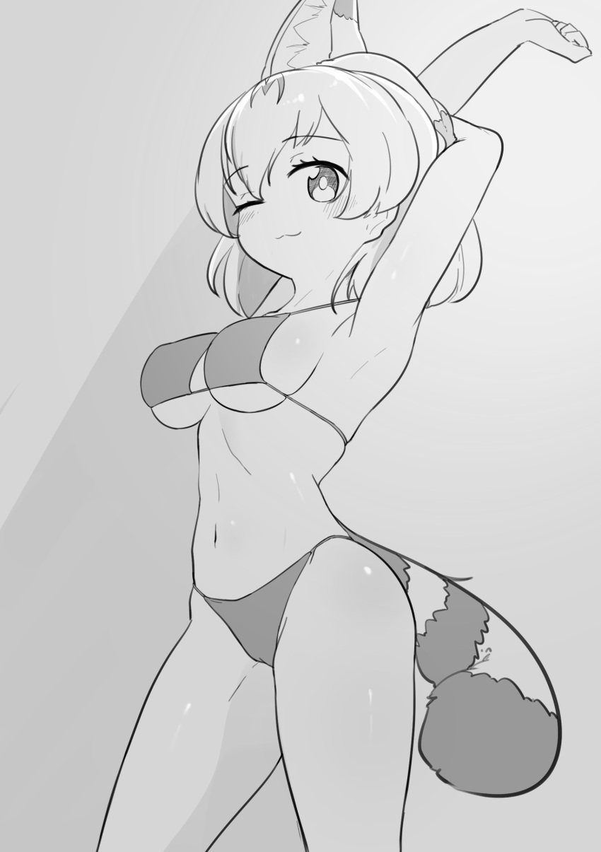 1girl absurdres animal_ears armpits arms_up bangs bikini bob_cut breasts cat_ears cat_tail chis_(js60216) closed_mouth commentary_request eyebrows_visible_through_hair greyscale highres kemono_friends looking_at_viewer medium_breasts monochrome navel one_eye_closed serval_(kemono_friends) short_hair smile solo standing stretch string_bikini striped_tail swimsuit tail