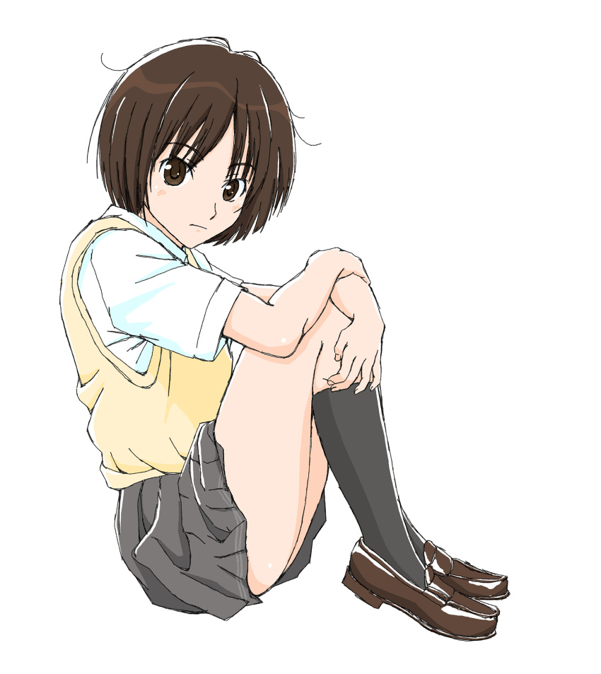 1girl amagami black_legwear black_skirt blush bob_cut brown_eyes brown_footwear brown_hair commentary expressionless fetal_position from_side hair_strand hand_on_own_arm hand_on_own_leg highres hugging_own_legs kibito_high_school_uniform kyonsam321go loafers looking_at_viewer looking_to_the_side messy_hair on_ground pleated_skirt school_uniform shirt shoes short_hair short_sleeves simple_background sitting sketch skirt socks solo sweater_vest tachibana_miya white_background white_shirt yellow_sweater_vest