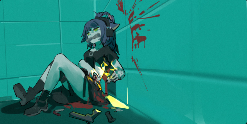 1girl animal_ears arknights bare_legs biting black_footwear black_legwear black_shirt blood blood_on_clothes blood_on_ground blood_on_hands blood_on_wall blue_hair boots breasts cat_ears commentary_request fang full_body green_eyes gun headset in_mouth injury jessica_(arknights) lighter long_hair magazine_(weapon) medium_breasts pocketknife ponytail shinnasuka025 shirt short_sleeves sitting socks solo t-shirt tile_wall tiles torn_clothes torn_shirt weapon