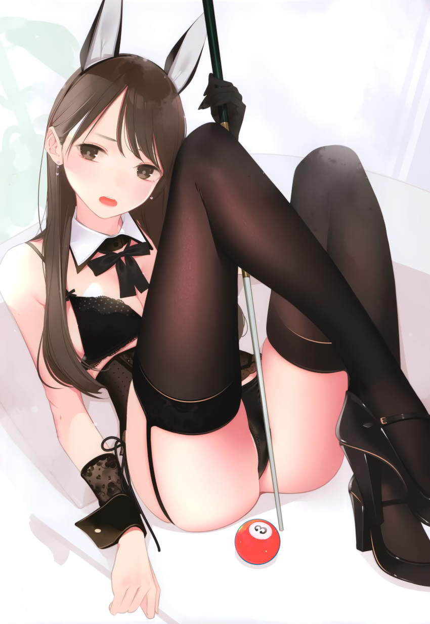 1girl absurdres ama_mitsuki animal_ears ass bare_shoulders between_legs black_bra black_eyes black_footwear black_hair black_panties bra breasts brown_legwear corset cue_ball cue_stick detached_collar earrings fake_animal_ears fine_fabric_emphasis garter_straps high_heels highres holding jewelry knees_up lace lace-trimmed_bra lace_trim lingerie long_hair looking_at_viewer medium_breasts neck_ribbon non-web_source open_mouth original panties pumps rabbit_ears ribbon satin satin_panties scan side-tie_panties sidelocks simple_background sitting skindentation solo thigh-highs underwear underwear_only white_background wrist_cuffs