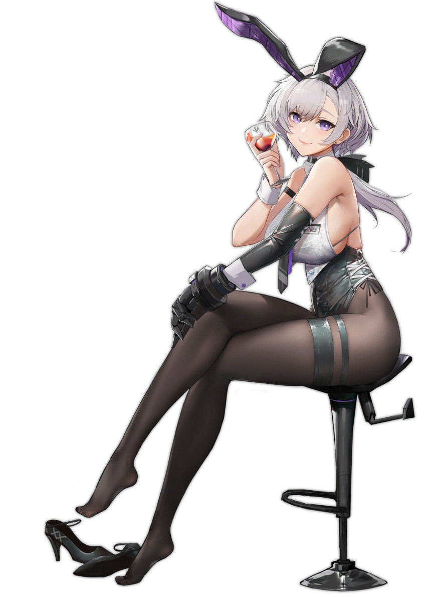 1girl alcohol animal_ears azur_lane bar black_footwear black_gloves black_legwear breasts crossed_legs elbow_gloves fake_animal_ears footwear_removed from_side gloves grey_hair high_heels highres large_breasts looking_at_viewer official_alternate_costume official_art pandea_work pantyhose playboy_bunny rabbit_ears reno_(azur_lane) reno_(reno_bunnino)_(azur_lane) short_hair_with_long_locks sideboob single_elbow_glove sitting skindentation sleeveless solo thigh_strap transparent_background violet_eyes wrist_cuffs