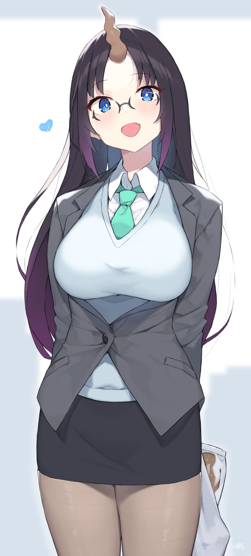 1girl absurdres arms_behind_back bag black_hair blue_eyes business_suit cloba dragon_girl dragon_tail elma_(maidragon) eyewear_on_head formal glasses gradient_hair highres holding holding_bag horns kobayashi-san_chi_no_maidragon multicolored_hair office_lady pencil_skirt purple_hair simple_background single_horn skirt solo suit tail