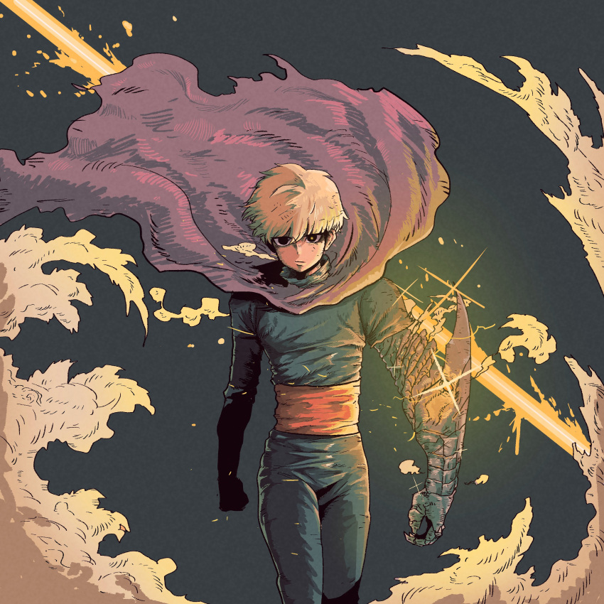 1boy absurdres black_eyes blonde_hair breath cape claws closed_mouth diffraction_spikes dust dust_cloud glint hair_between_eyes han_gong highres looking_at_viewer male_focus player_(webtoon) purple_cape solo torn torn_cape torn_clothes walking yellow_pupils