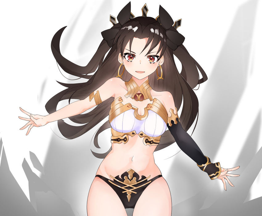 1girl armlet bangs bikini black_bikini black_hair black_headwear breasts cowboy_shot detached_sleeves earrings fate/grand_order fate_(series) hair_ribbon highres hoop_earrings ishtar_(fate) ishtar_(fate)_(all) jewelry long_hair looking_at_viewer medium_breasts mismatched_bikini navel neck_ring open_mouth outstretched_arms panties parted_bangs red_eyes ribbon single_sleeve smile solo spread_arms swimsuit tiara two_side_up underwear white_bikini zukki0731